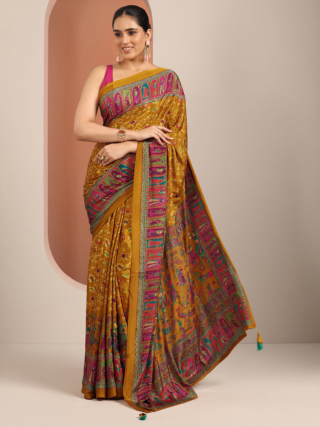  Mustard Printed Crepe Saree With Unstitched Blouse Piece 