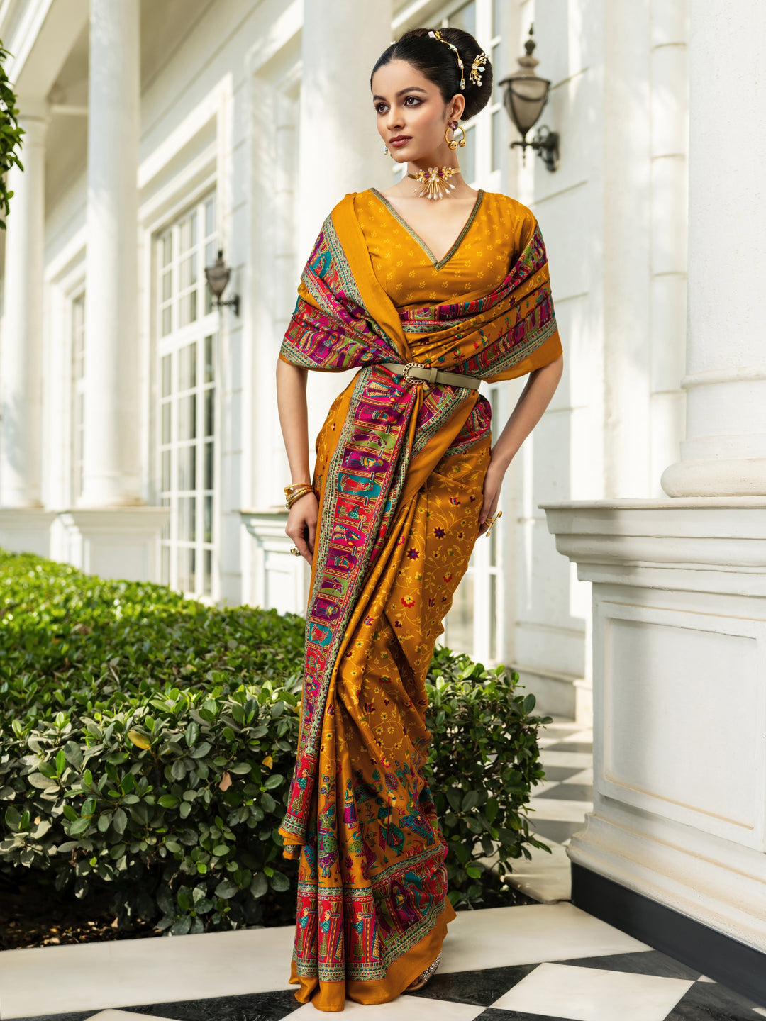  Mustard Printed Crepe Saree With Unstitched Blouse Piece 