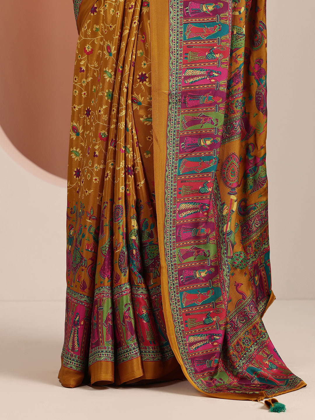  Mustard Printed Crepe Saree With Unstitched Blouse Piece 