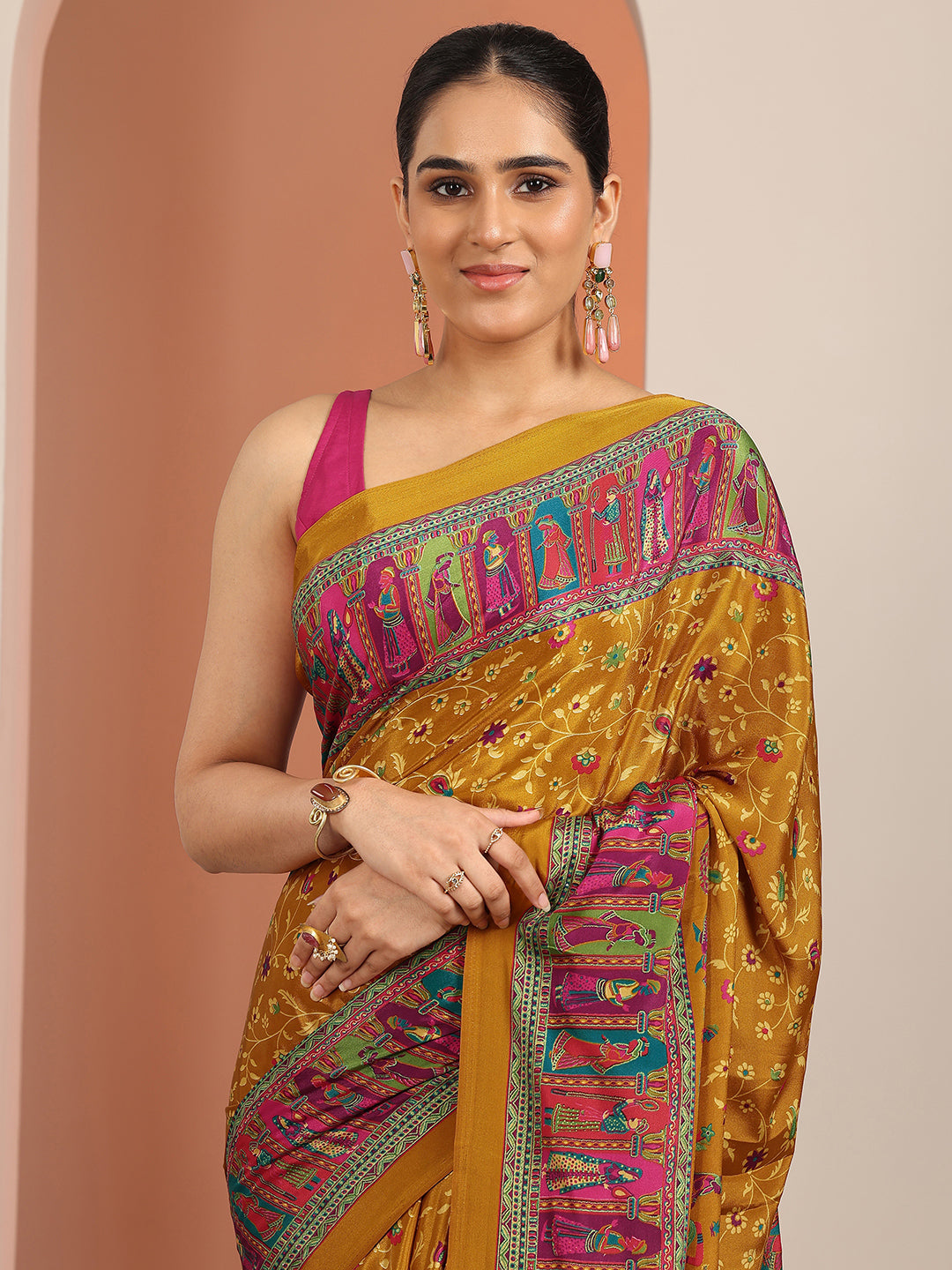 Mustard Printed Crepe Saree With Unstitched Blouse Piece 