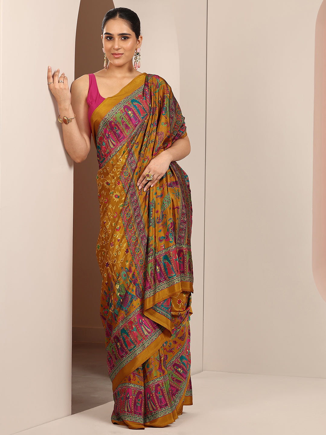  Mustard Printed Crepe Saree With Unstitched Blouse Piece 
