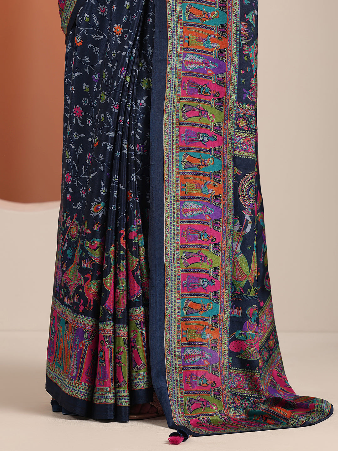  Navy Blue Printed Crepe Saree With Unstitched Blouse Piece 