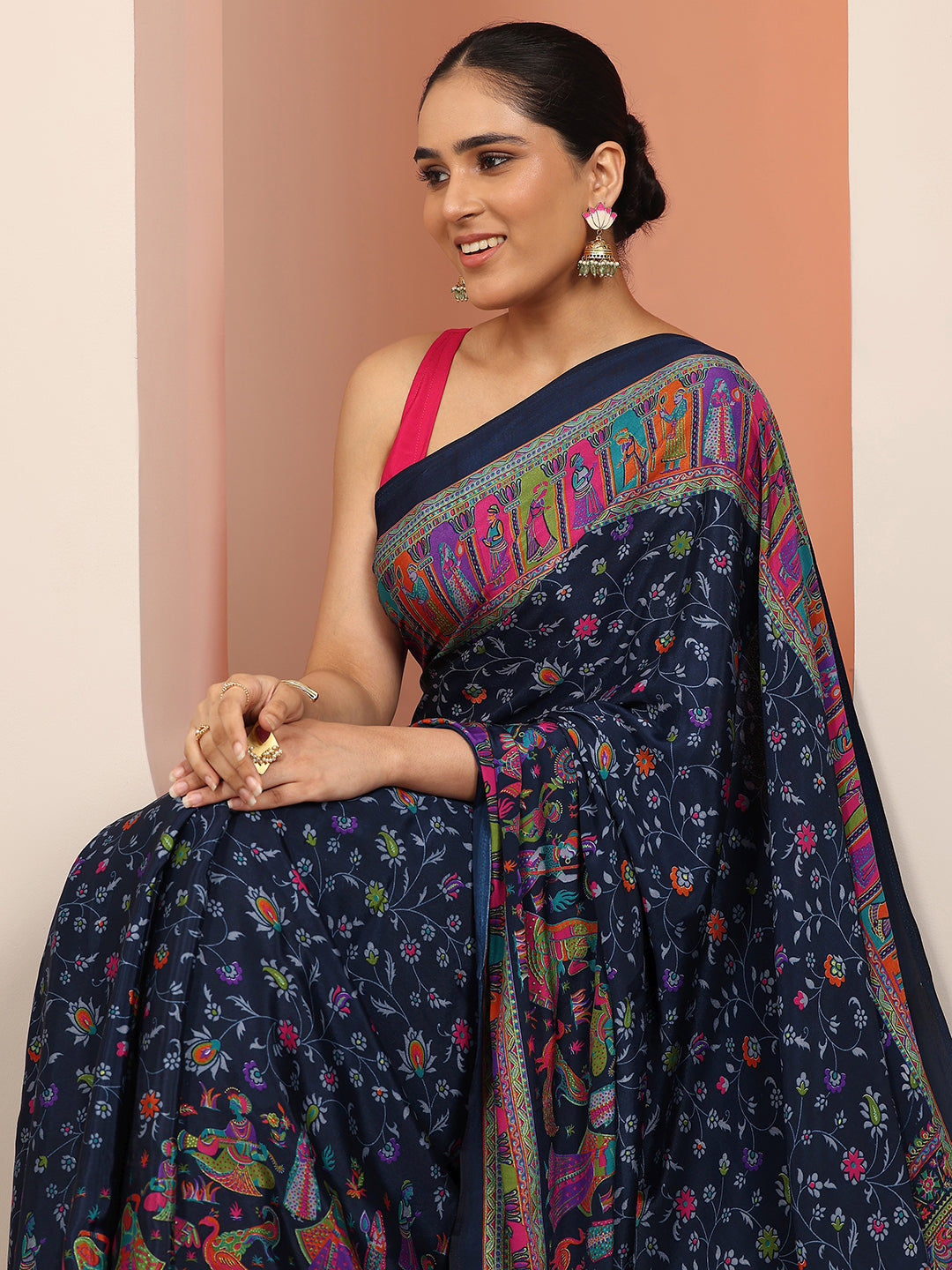 Navy Blue Printed Crepe Saree With Unstitched Blouse Piece
