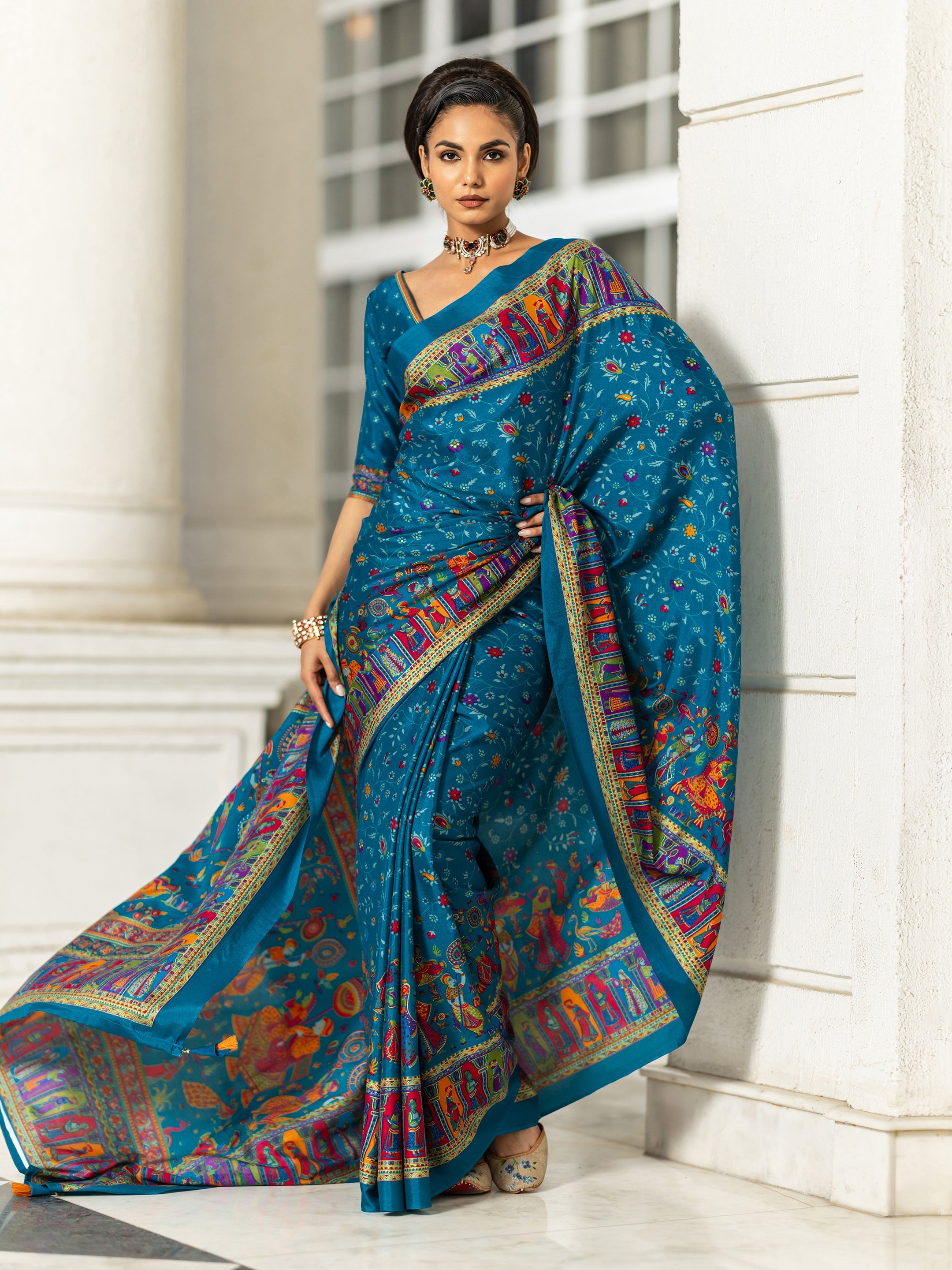 libas Blue Printed Crepe Saree With Unstitched Blouse Piece-picture-43