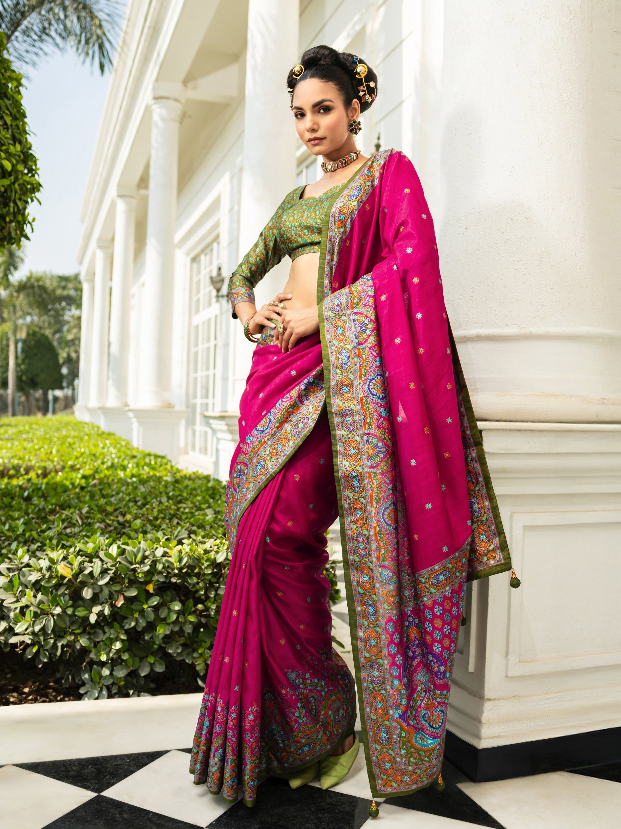 libas Magenta Printed Silk Blend Saree With Unstitched Blouse Piece-picture-17