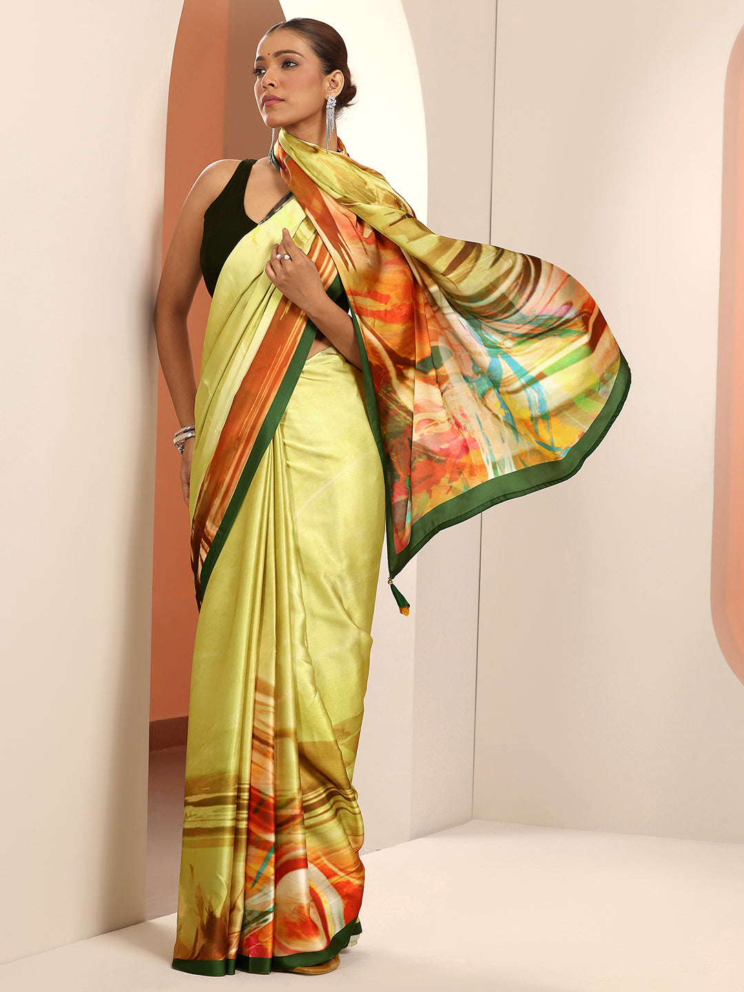  Yellow Solid Silk Blend Saree With Unstitched Blouse Piece 