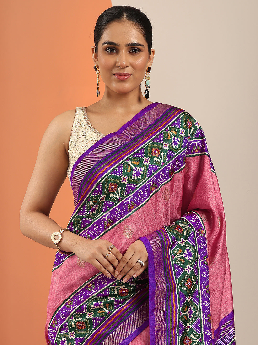  Peach Embellished Silk Blend Saree With Unstitched Blouse Piece 