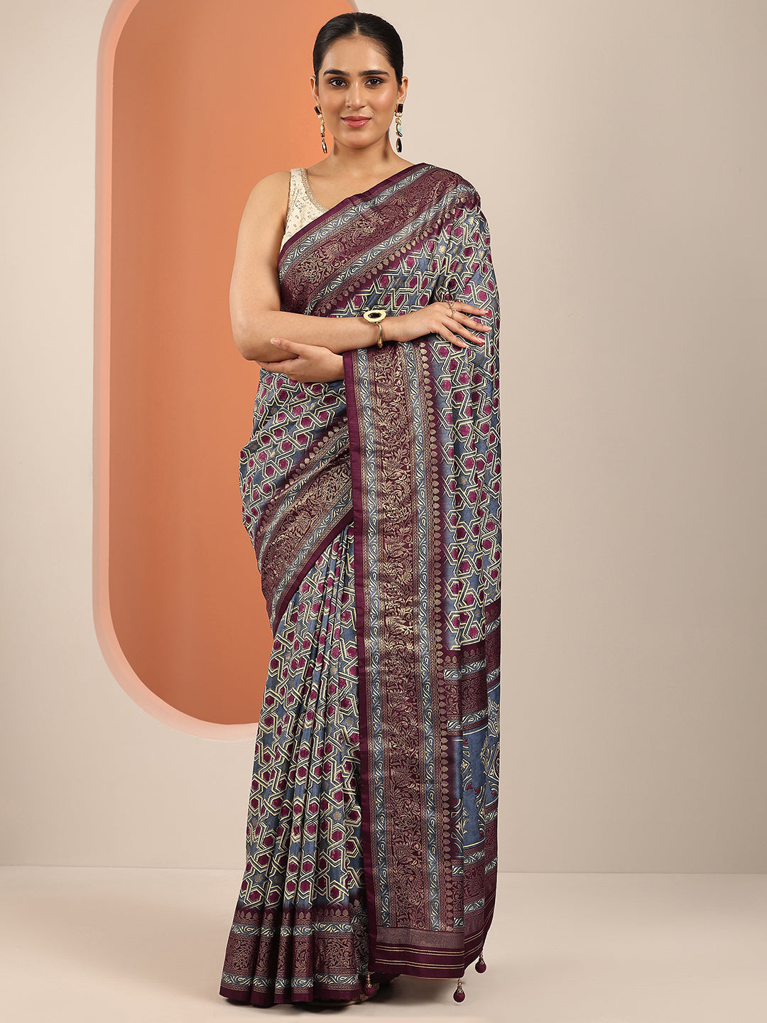  Blue Printed Silk Blend Saree With Unstitched Blouse Piece 