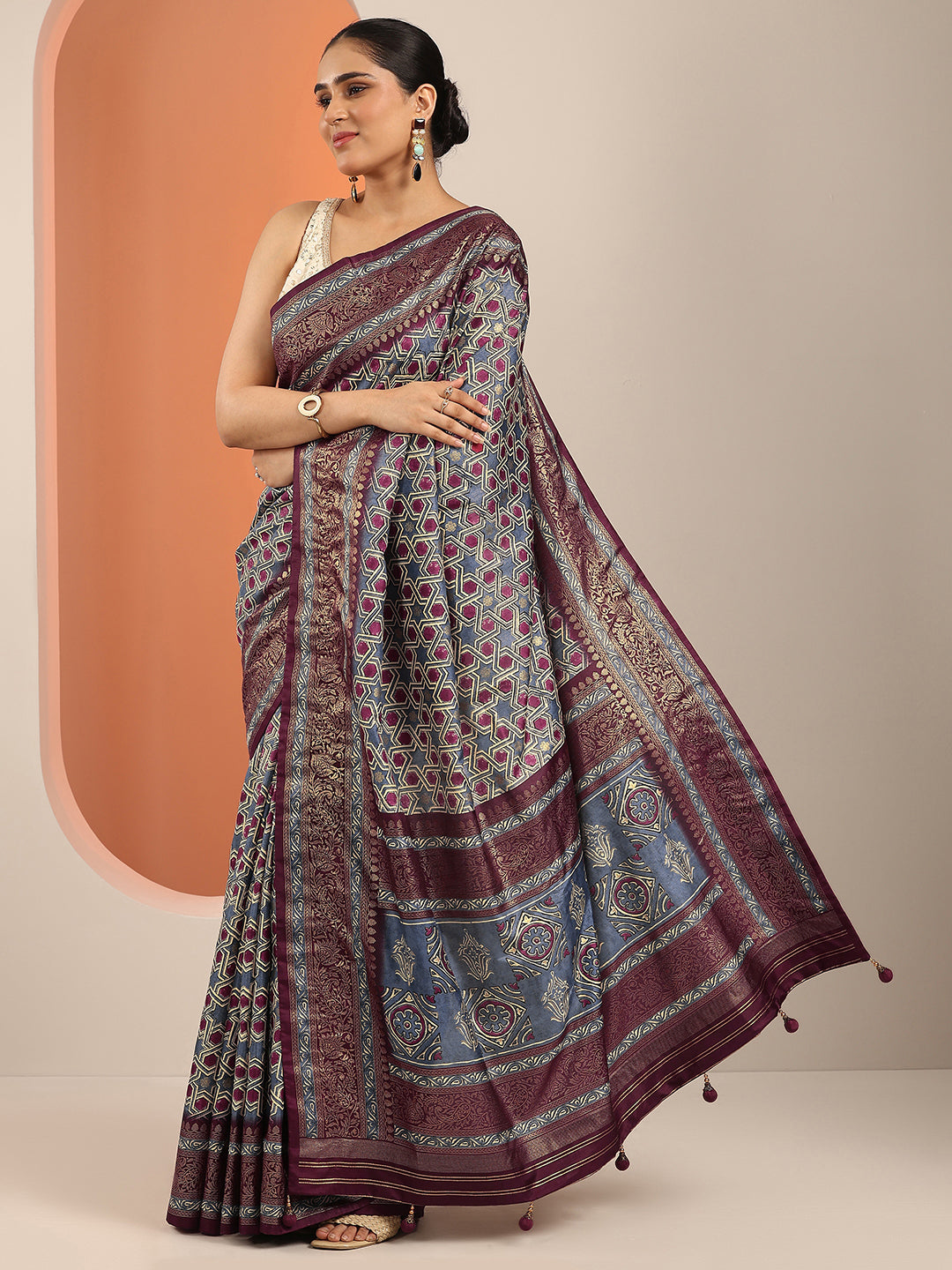  Blue Printed Silk Blend Saree With Unstitched Blouse Piece 