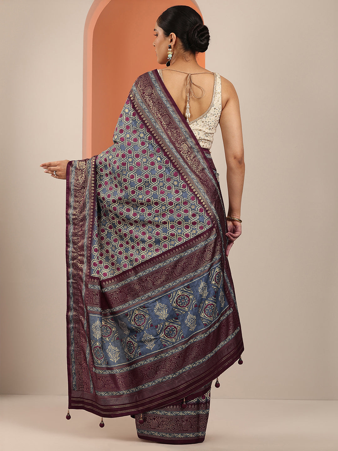  Blue Printed Silk Blend Saree With Unstitched Blouse Piece 