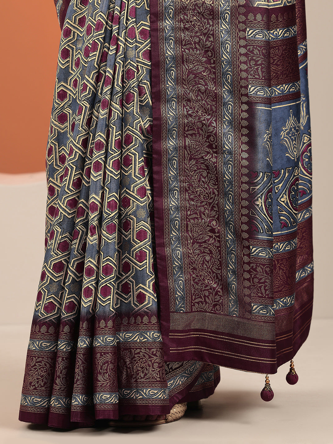  Blue Printed Silk Blend Saree With Unstitched Blouse Piece 
