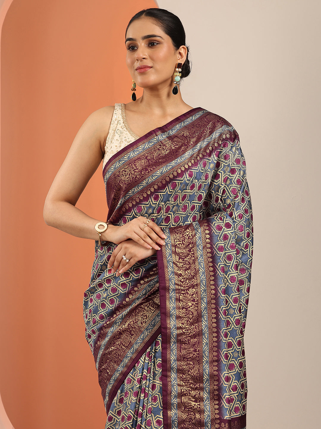  Blue Printed Silk Blend Saree With Unstitched Blouse Piece 