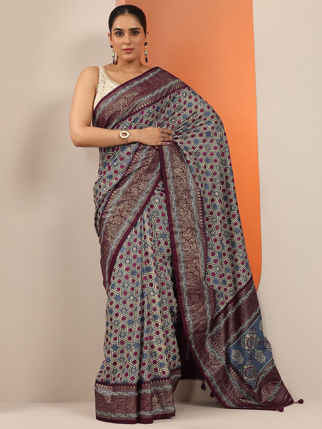  Blue Printed Silk Blend Saree With Unstitched Blouse Piece 
