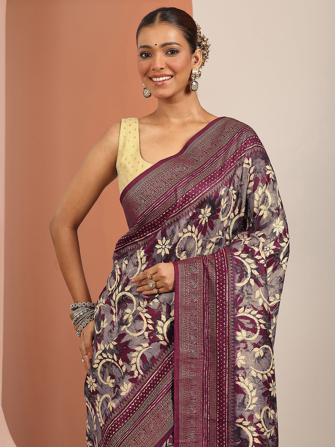  Mauve Printed Silk Blend Saree With Unstitched Blouse Piece 