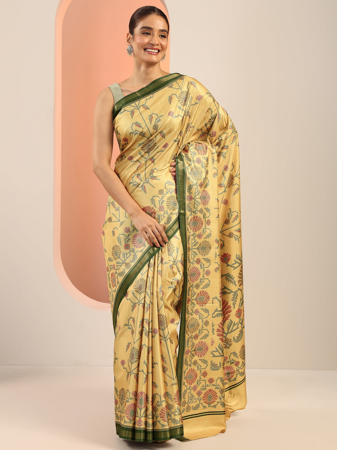  Yellow Printed Silk Saree With Unstitched Blouse Piece 