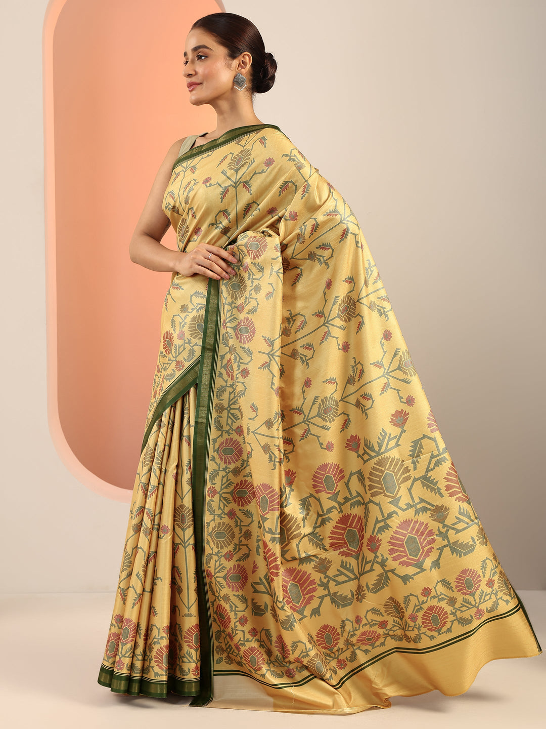  Yellow Printed Silk Saree With Unstitched Blouse Piece 