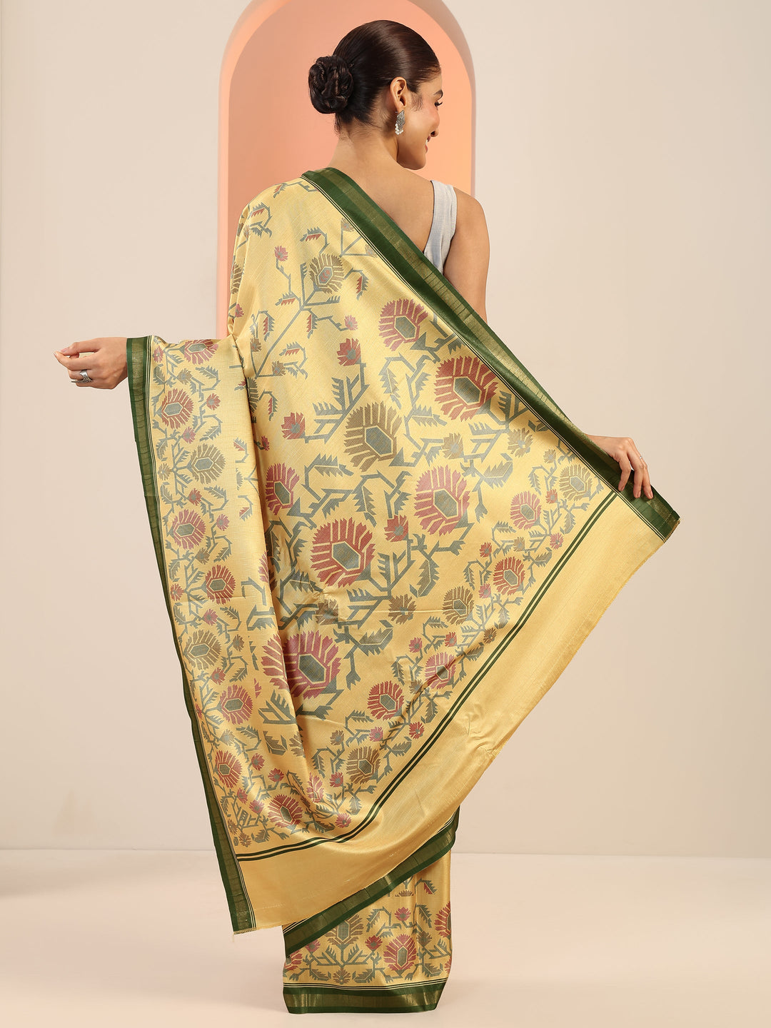  Yellow Printed Silk Saree With Unstitched Blouse Piece 
