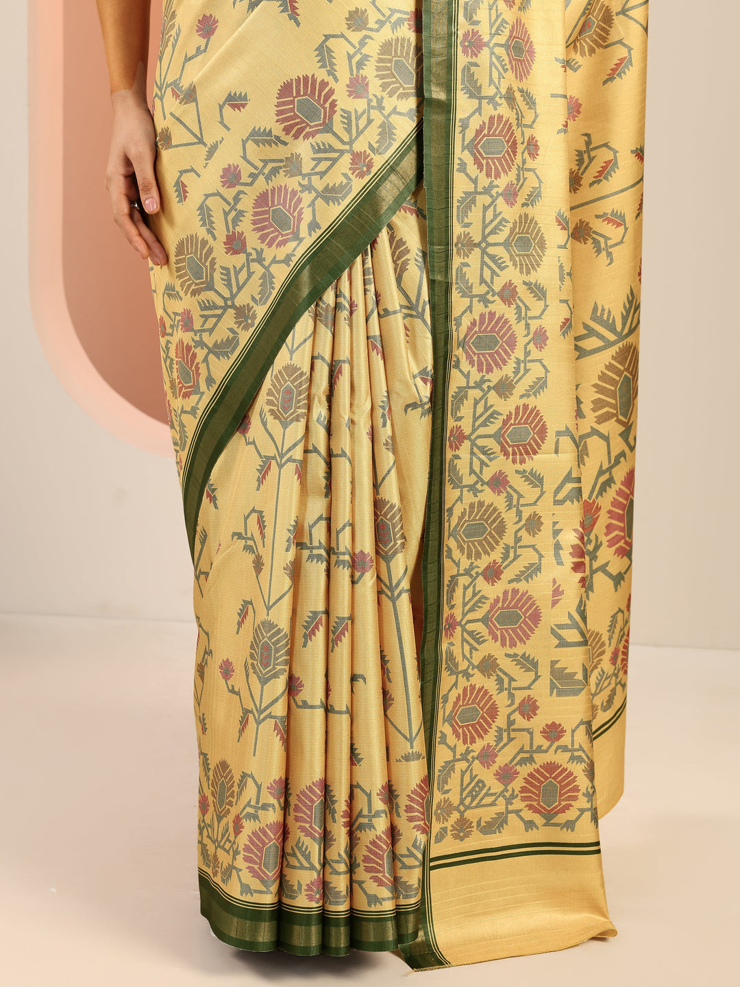  Yellow Printed Silk Saree With Unstitched Blouse Piece 
