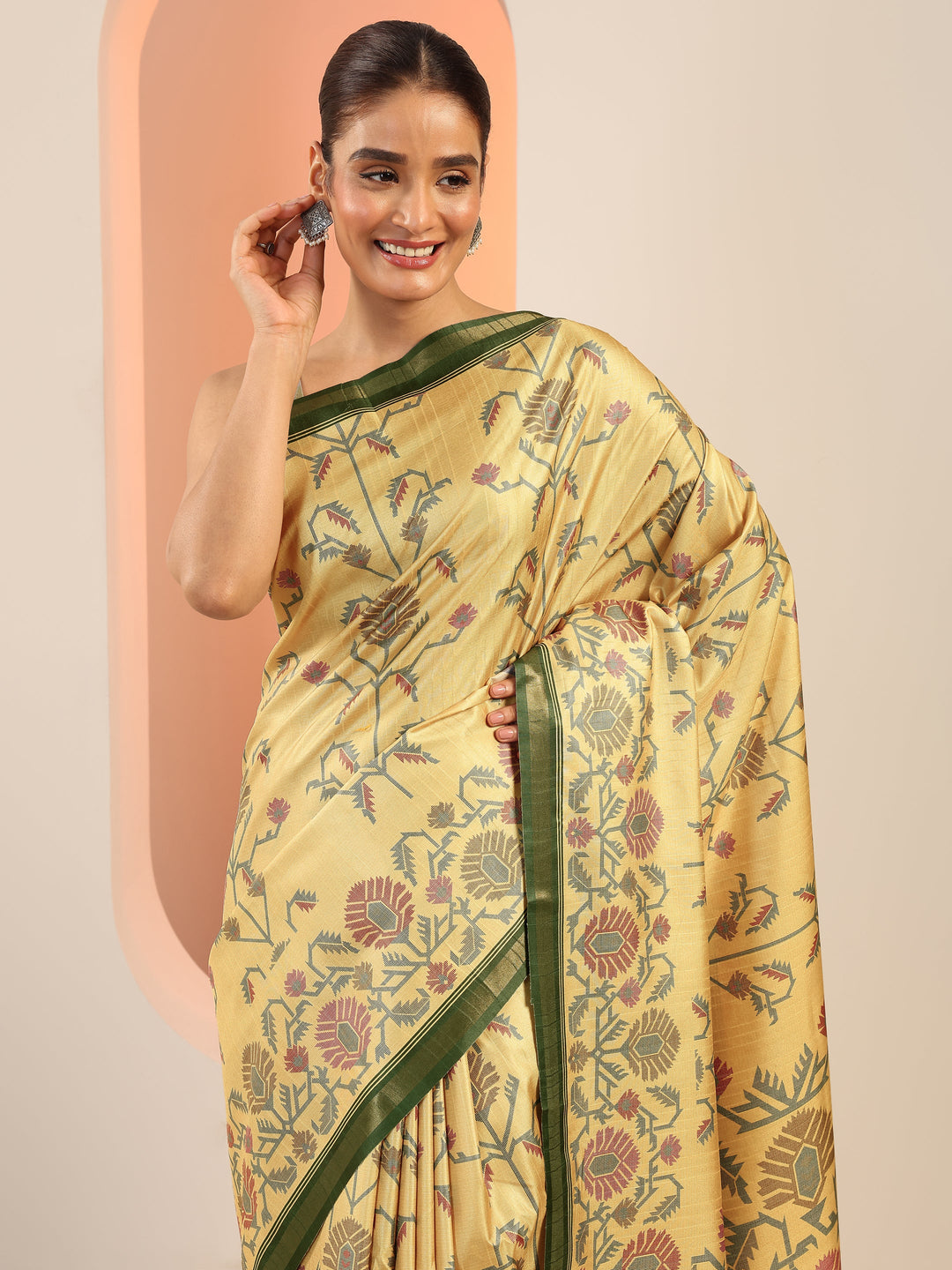  Yellow Printed Silk Saree With Unstitched Blouse Piece 