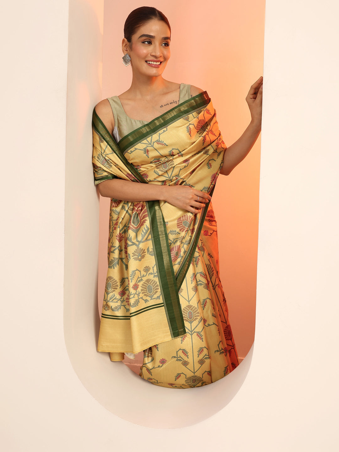  Yellow Printed Silk Saree With Unstitched Blouse Piece 