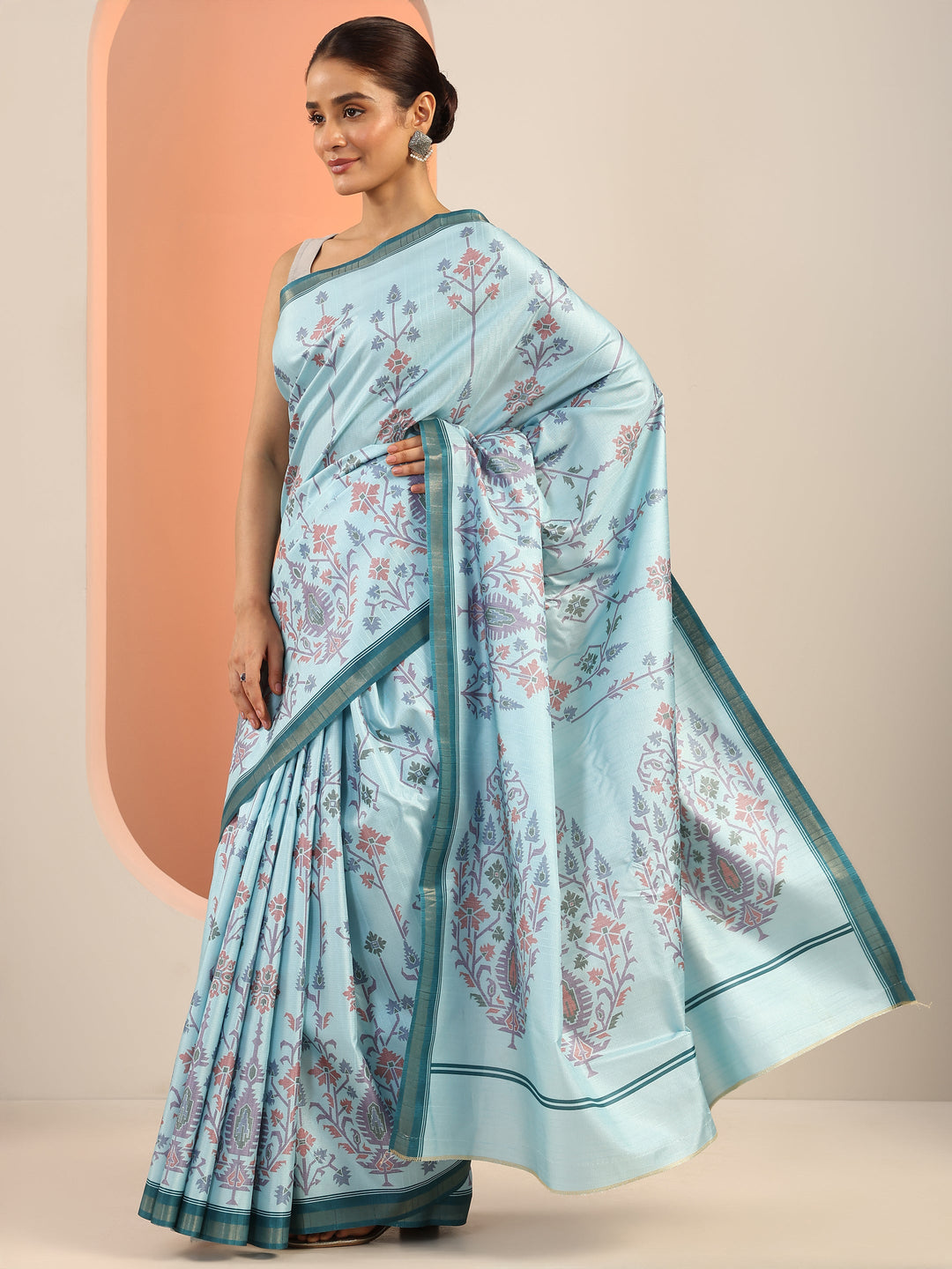  Blue Printed Silk Saree With Unstitched Blouse Piece 