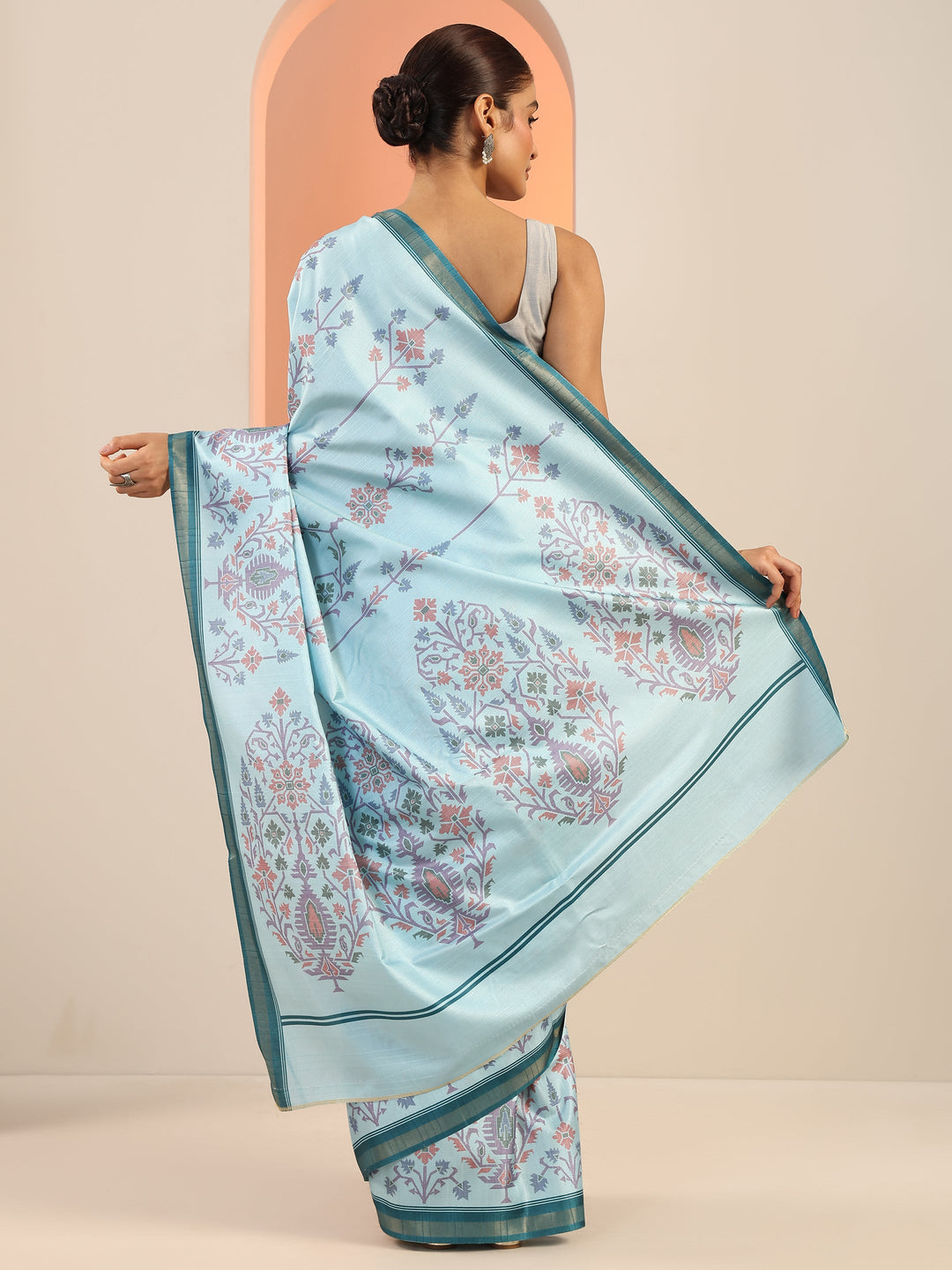 Blue Printed Silk Saree With Unstitched Blouse Piece 