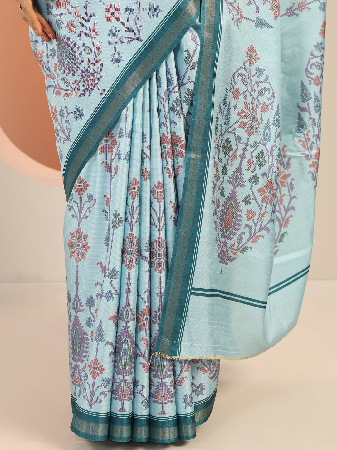  Blue Printed Silk Saree With Unstitched Blouse Piece 