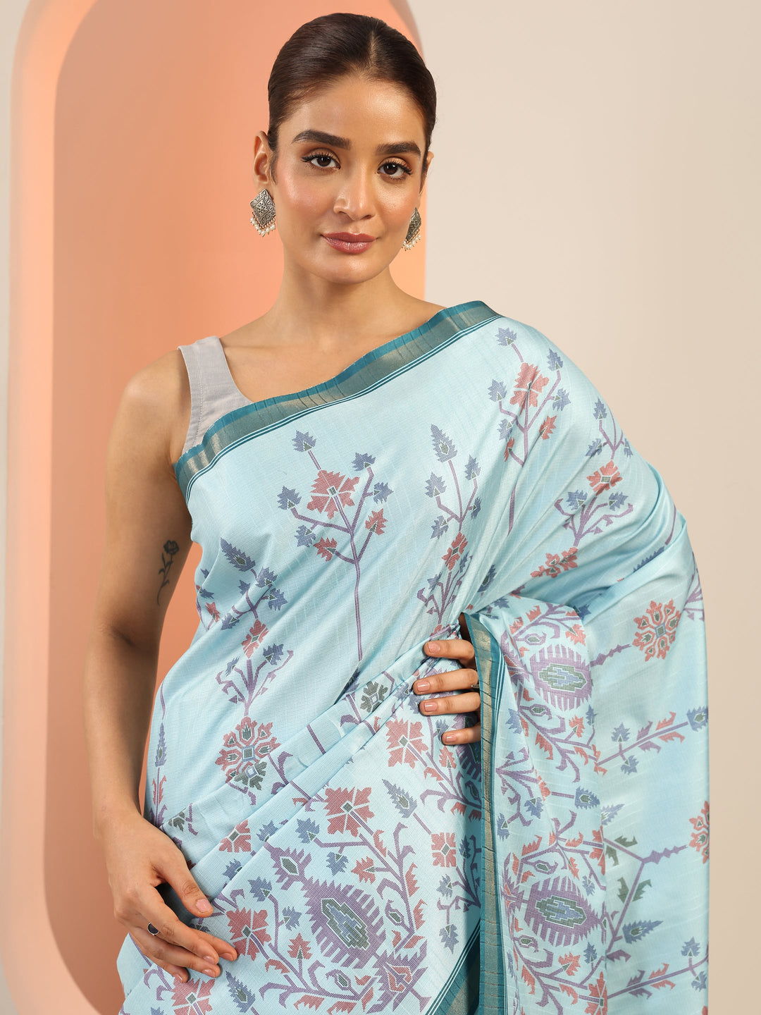  Blue Printed Silk Saree With Unstitched Blouse Piece 
