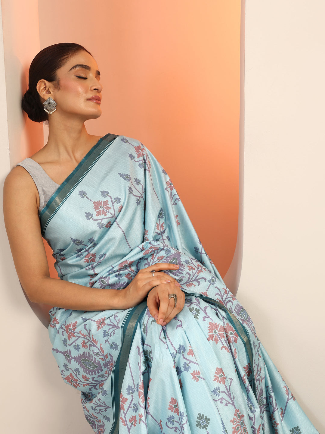  Blue Printed Silk Saree With Unstitched Blouse Piece 