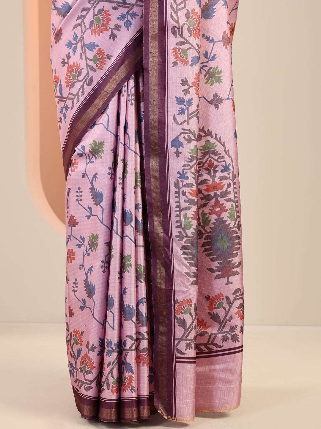  Lavender Printed Silk Saree With Unstitched Blouse Piece 