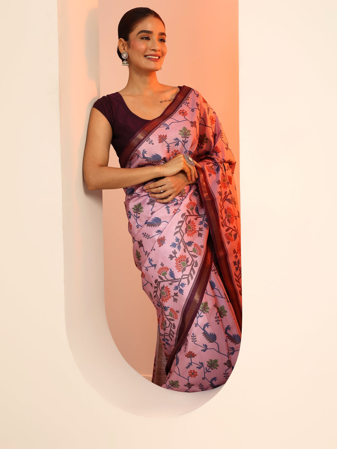  Lavender Printed Silk Saree With Unstitched Blouse Piece 