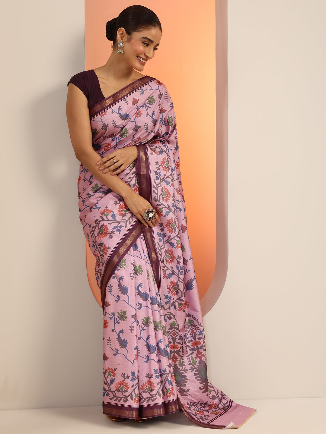  Lavender Printed Silk Saree With Unstitched Blouse Piece 