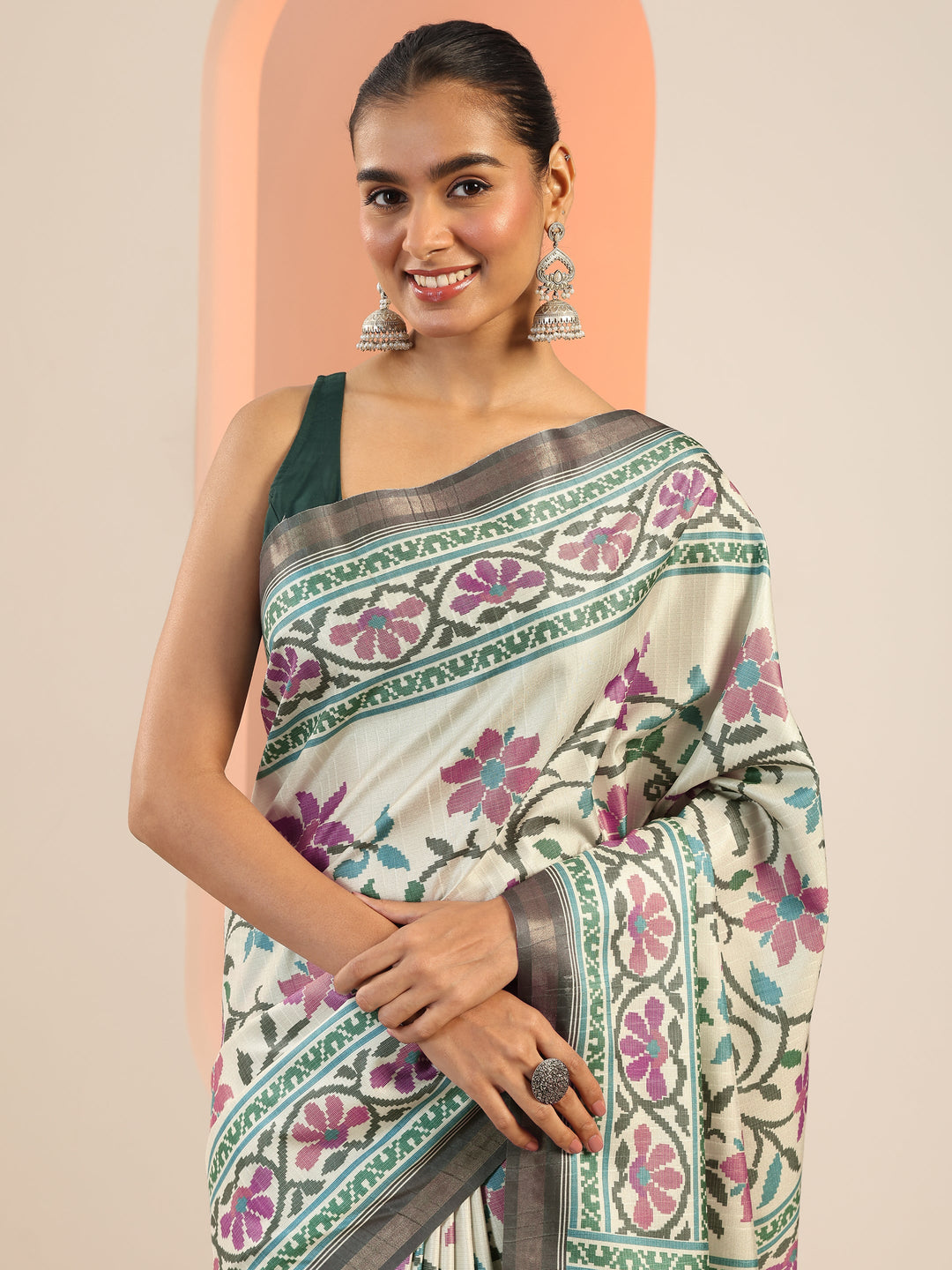  Green Printed Silk Saree With Unstitched Blouse Piece 