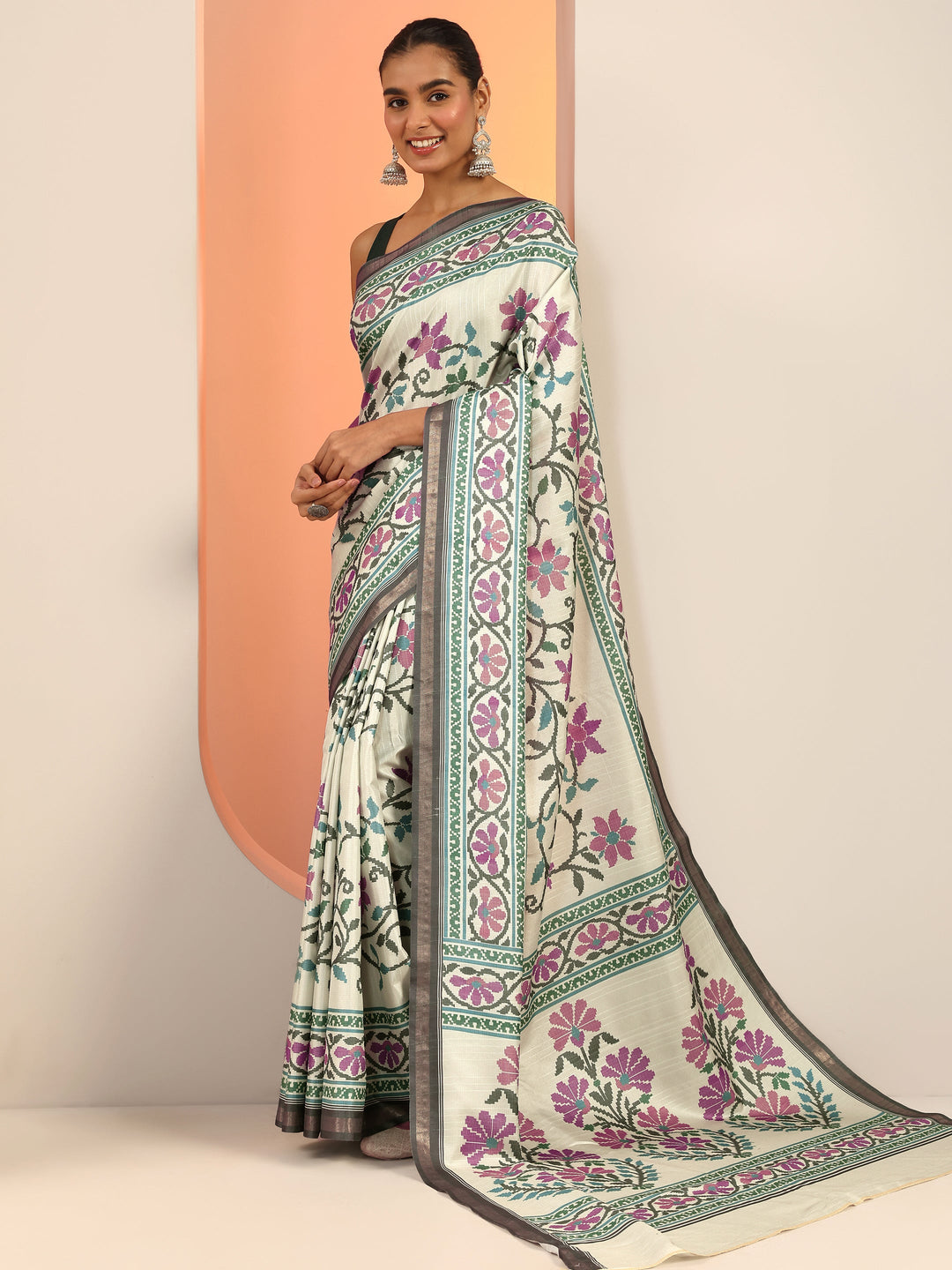  Green Printed Silk Saree With Unstitched Blouse Piece 