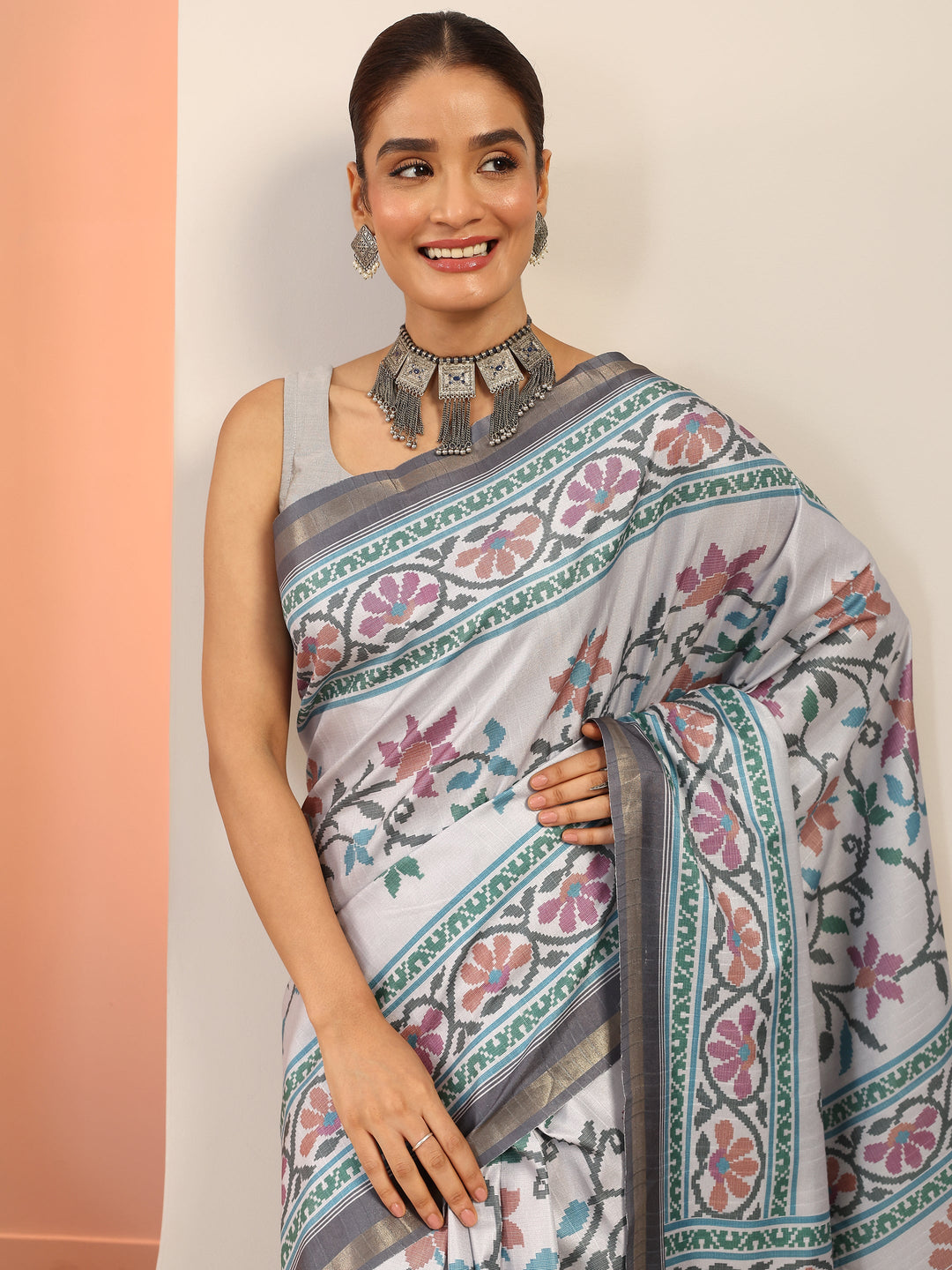  Grey Printed Silk Saree With Unstitched Blouse Piece 