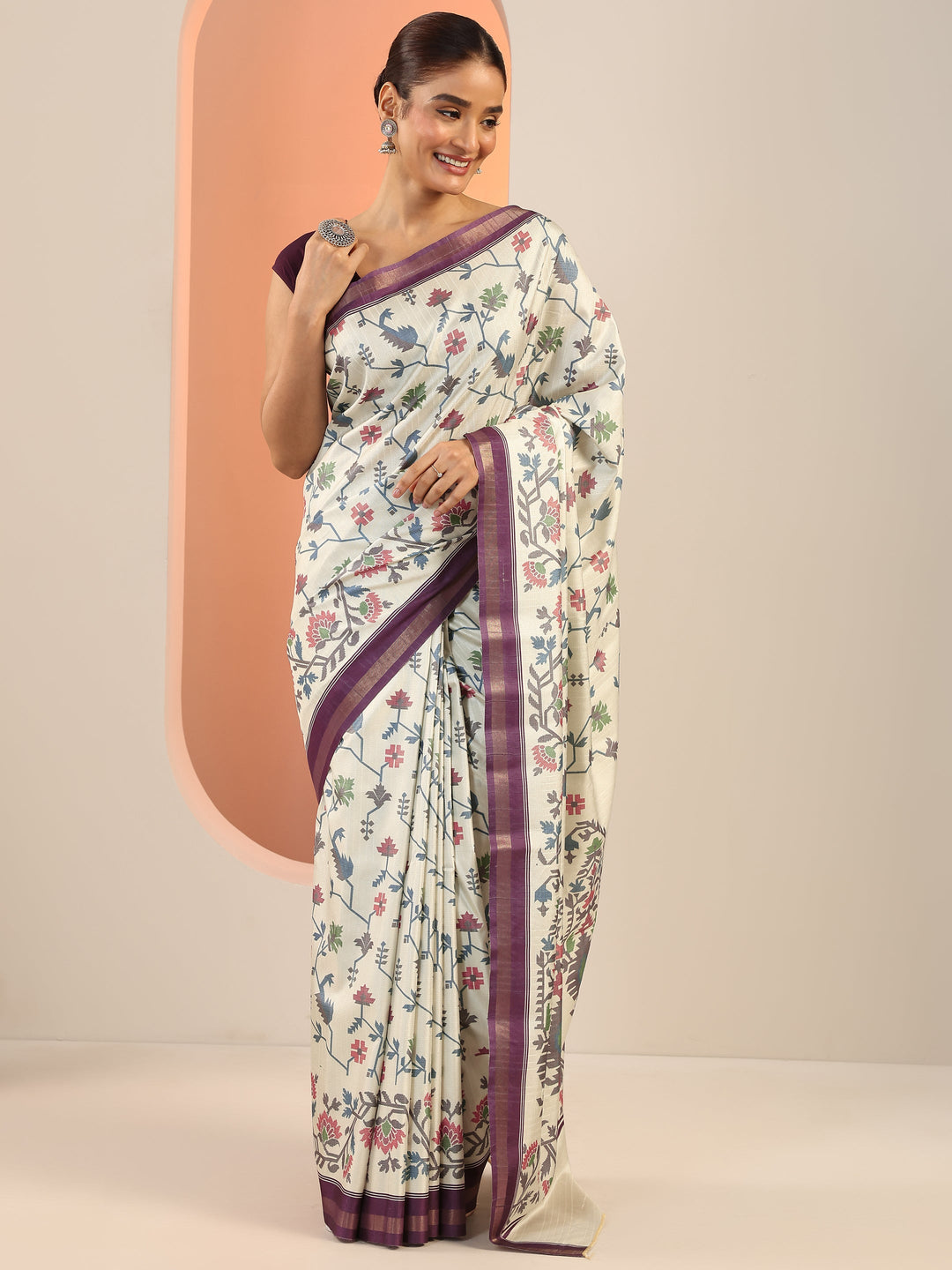  Cream Printed Silk Saree With Unstitched Blouse Piece 