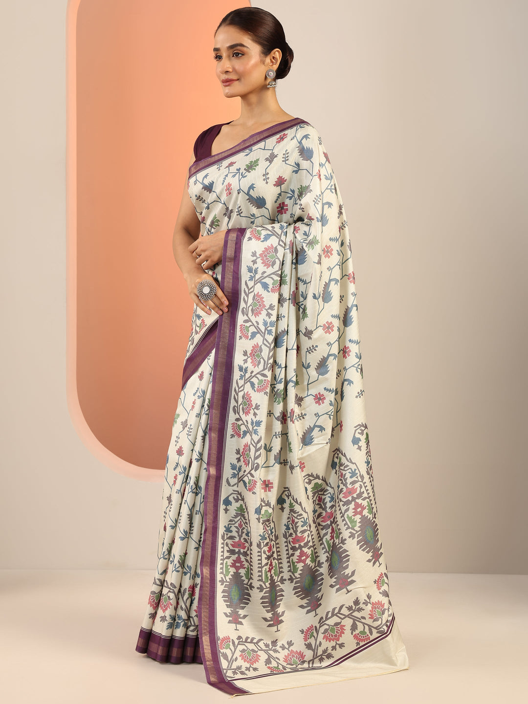  Cream Printed Silk Saree With Unstitched Blouse Piece 