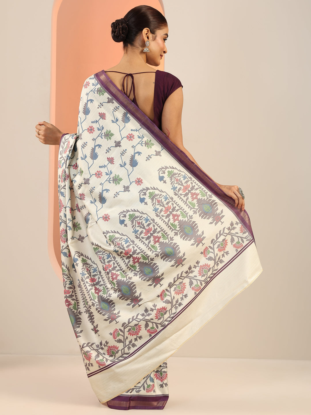  Cream Printed Silk Saree With Unstitched Blouse Piece 