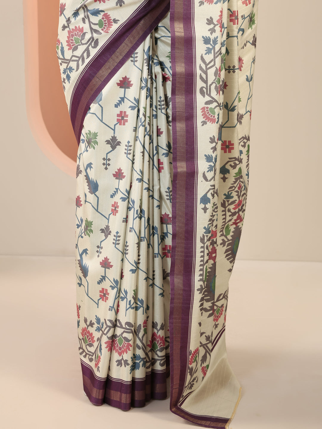  Cream Printed Silk Saree With Unstitched Blouse Piece 