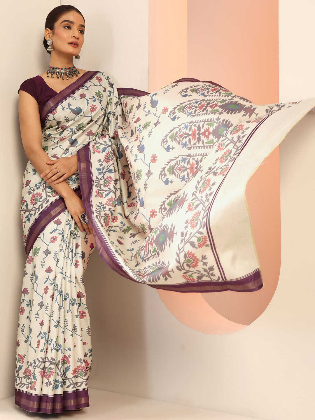  Cream Printed Silk Saree With Unstitched Blouse Piece 