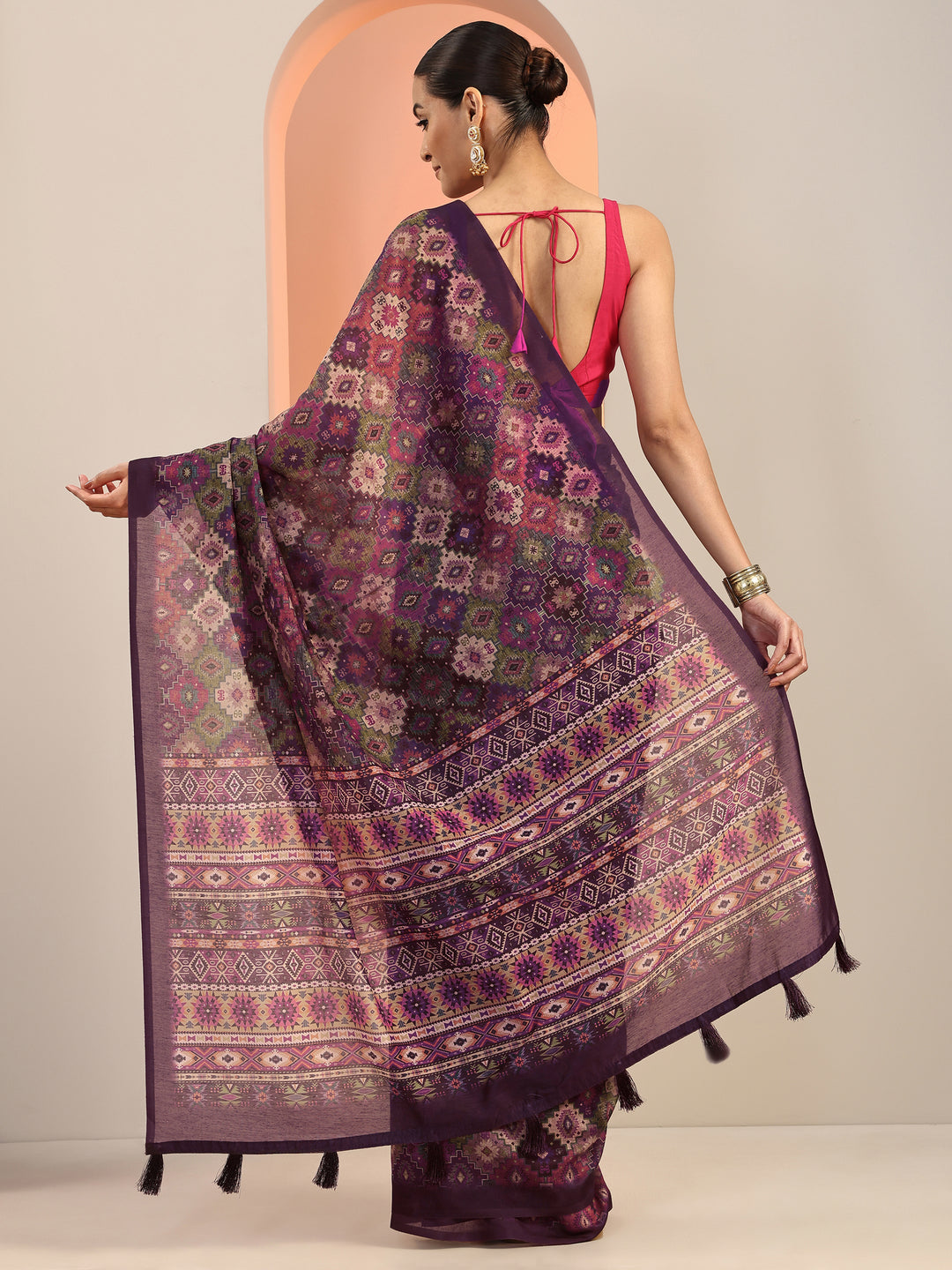  Multi Printed Silk Blend Saree With Unstitched Blouse Piece 