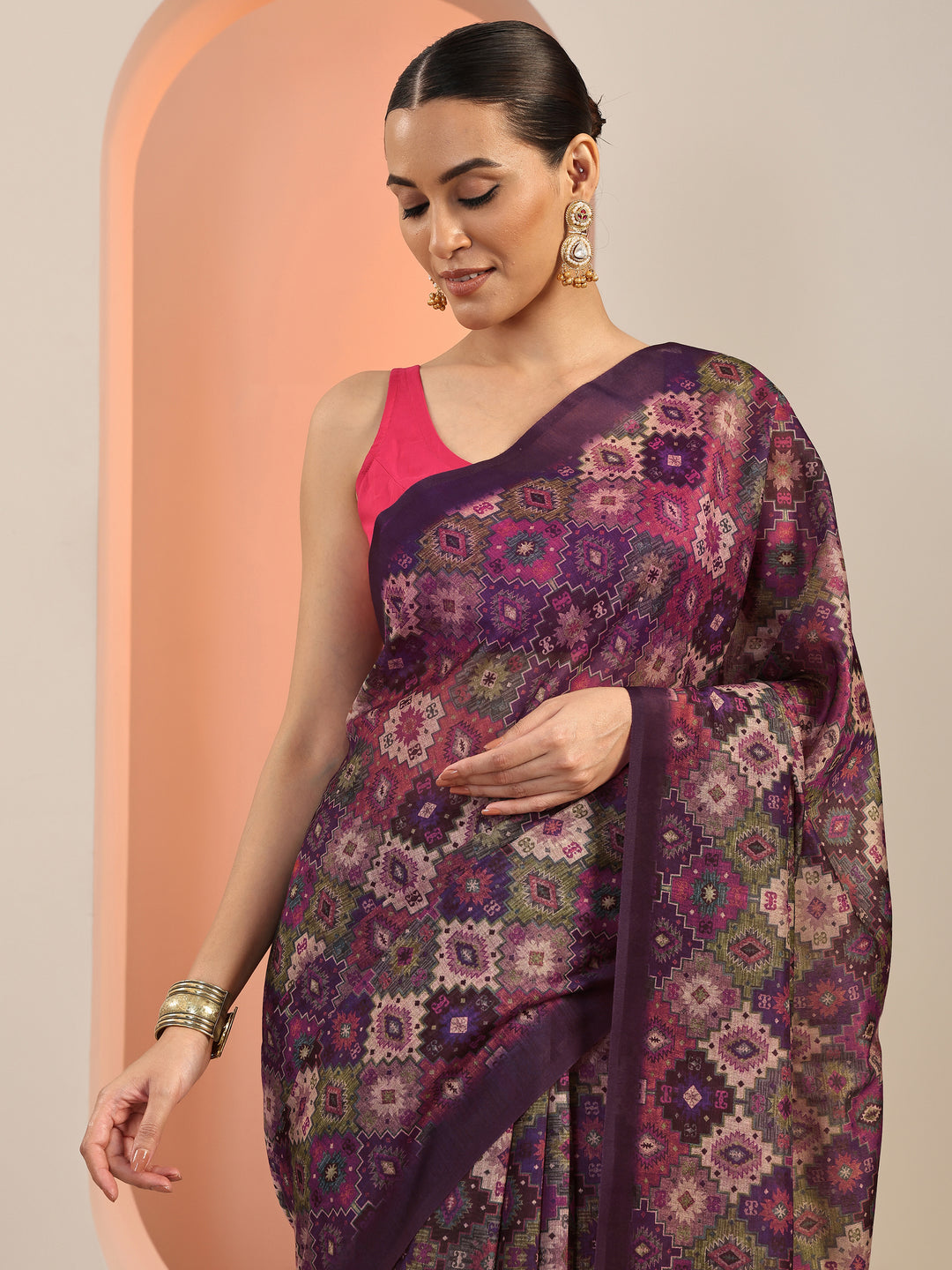  Multi Printed Silk Blend Saree With Unstitched Blouse Piece 