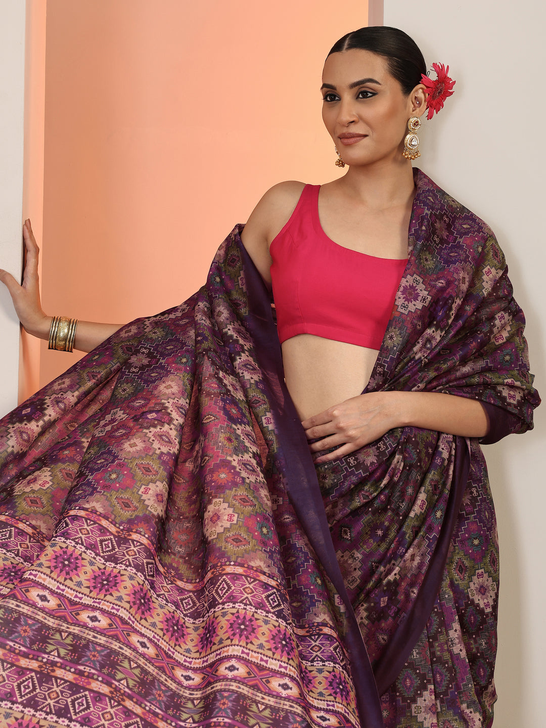  Multi Printed Silk Blend Saree With Unstitched Blouse Piece 