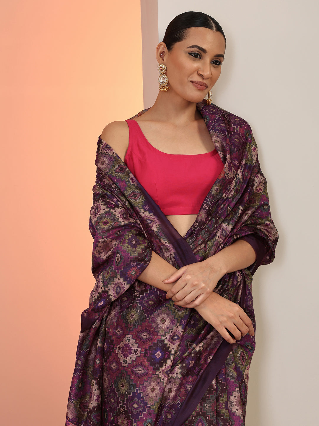  Multi Printed Silk Blend Saree With Unstitched Blouse Piece 