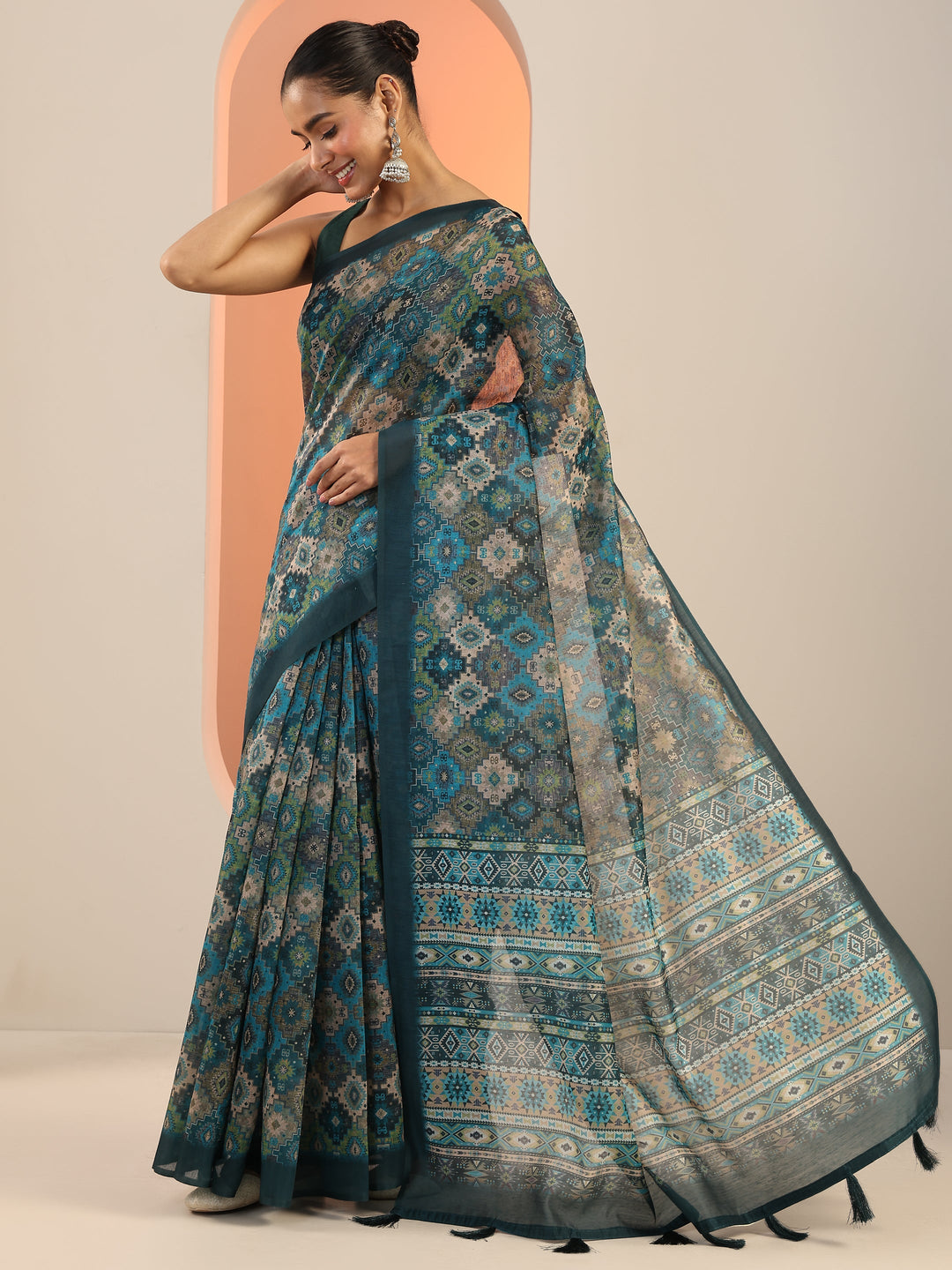  Teal Printed Silk Saree With Unstitched Blouse Piece 