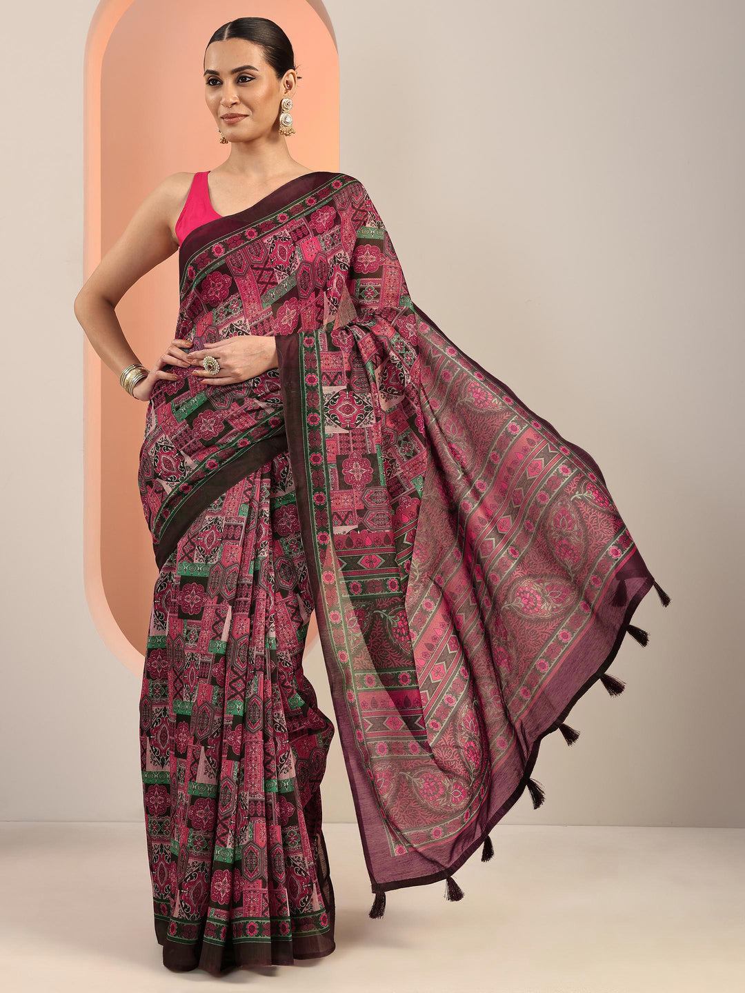  Multi Printed Silk Blend Saree With Unstitched Blouse Piece 