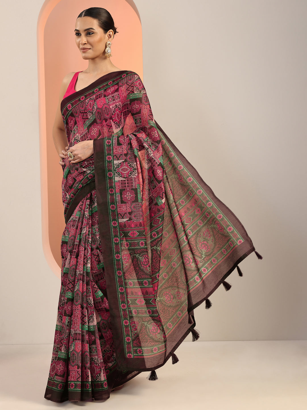  Multi Printed Silk Blend Saree With Unstitched Blouse Piece 