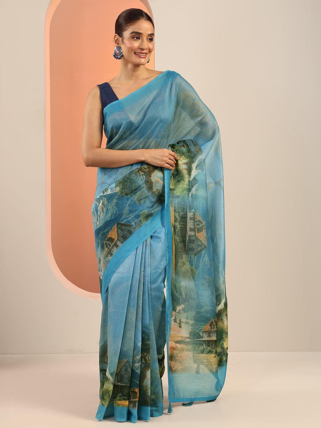  Blue Printed Silk Saree With Unstitched Blouse Piece 