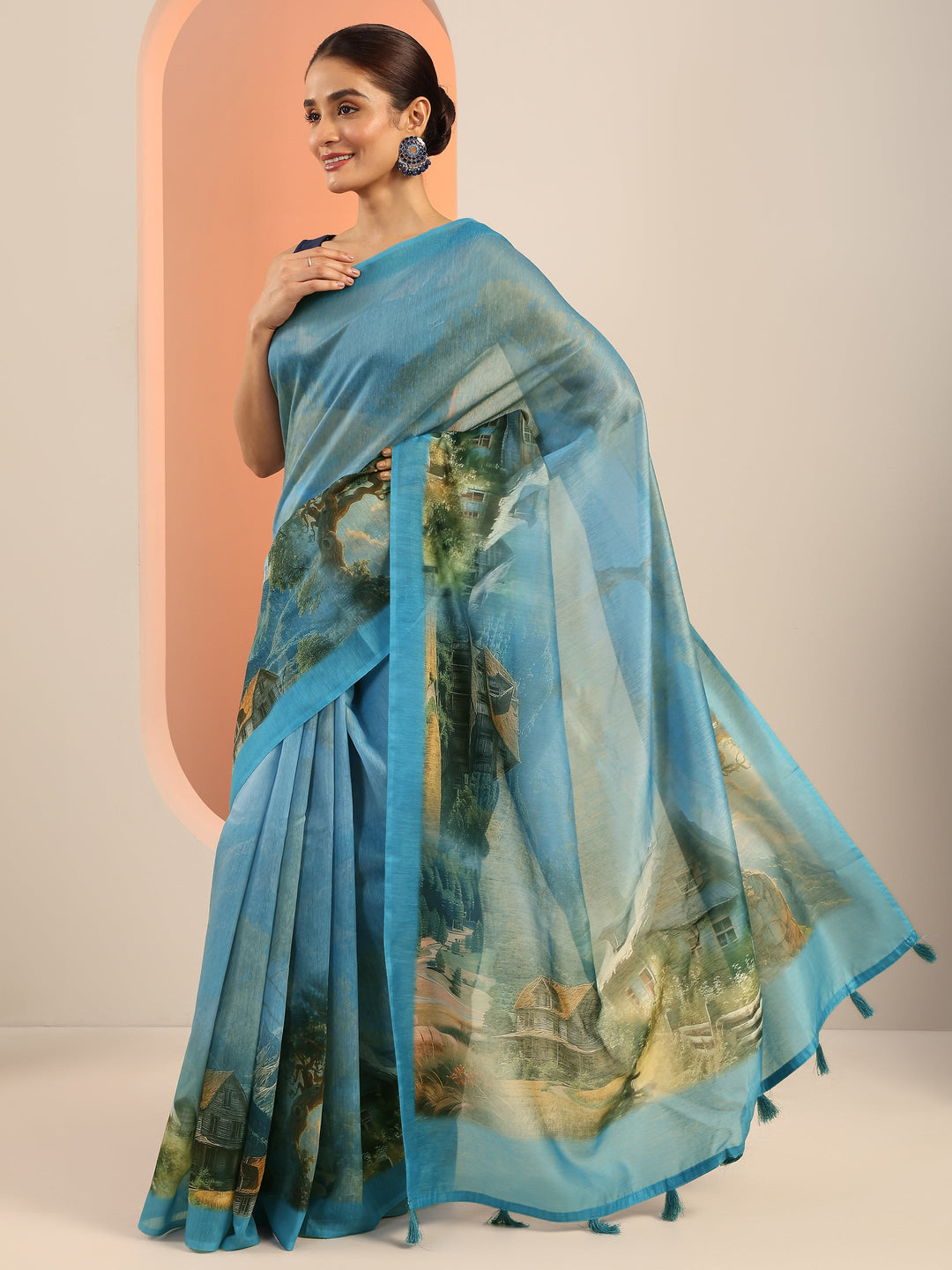  Blue Printed Silk Saree With Unstitched Blouse Piece 