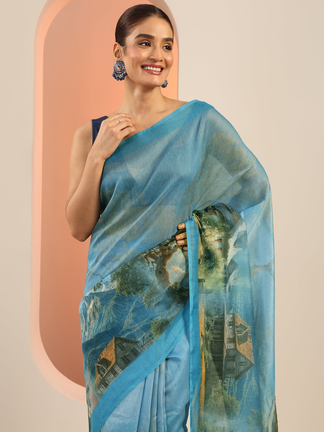  Blue Printed Silk Saree With Unstitched Blouse Piece 